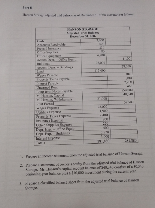 Solved Part II Hanson Storage adjusted trial balance as of | Chegg.com