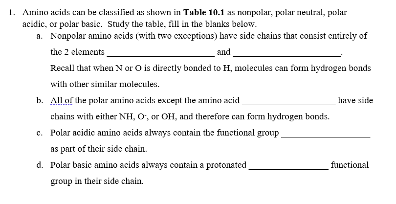 Solved 1. Amino acids can be classified as shown in Table | Chegg.com