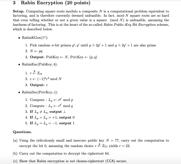 3 Rabin Encryption (20 points) Setup. Computing | Chegg.com