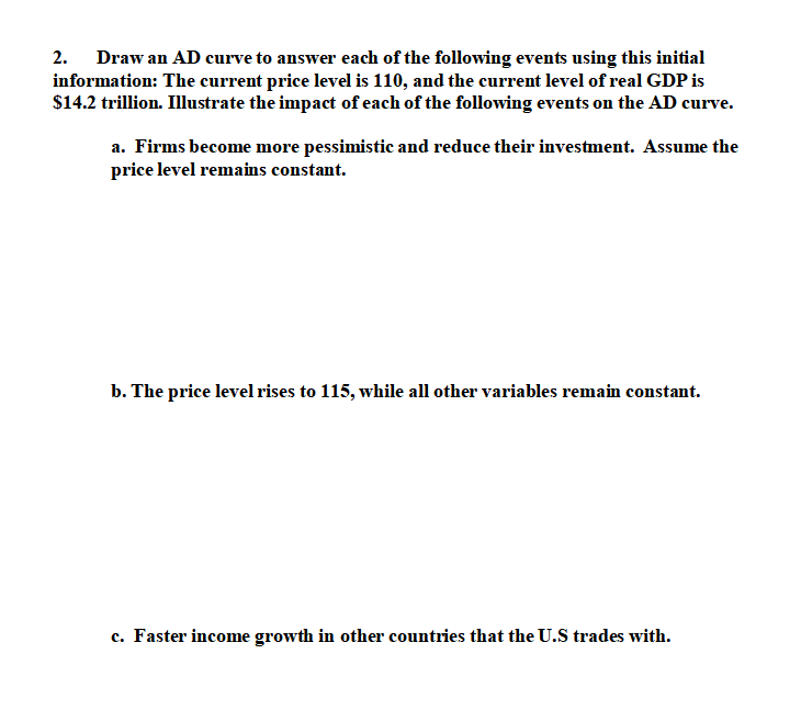 Solved 2. Draw an AD curve to answer each of the following | Chegg.com