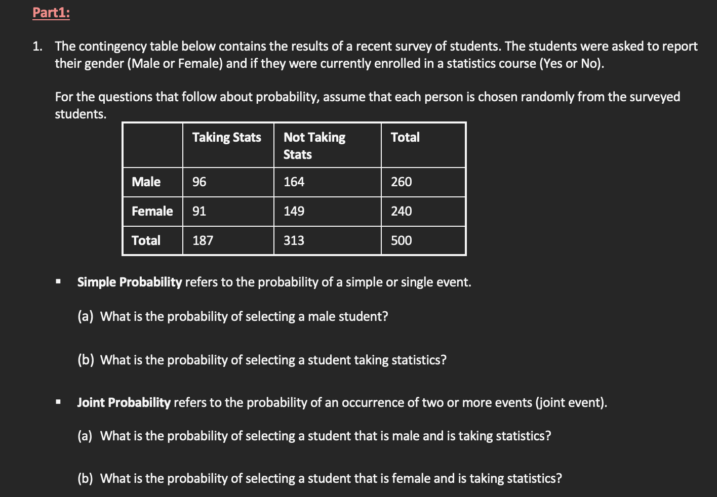 Solved Part1: 1. The contingency table below contains the | Chegg.com