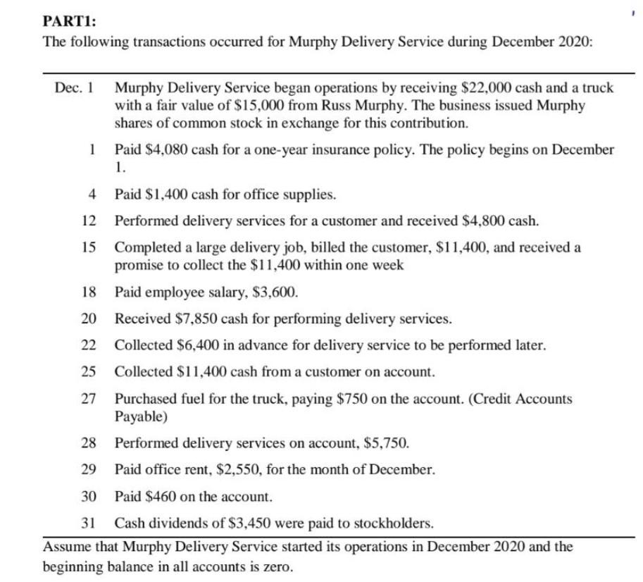 PART1:
The following transactions occurred for Murphy Delivery Service during December 2020:
Dec. 1 Murphy Delivery Service b