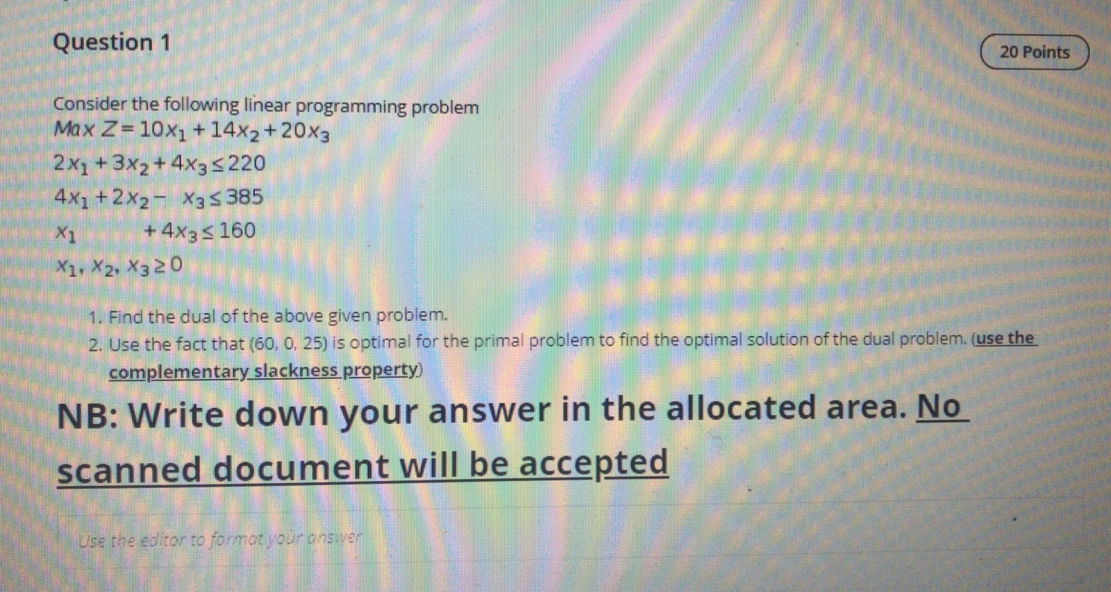 Solved Question 1 20 Points Consider the following linear | Chegg.com