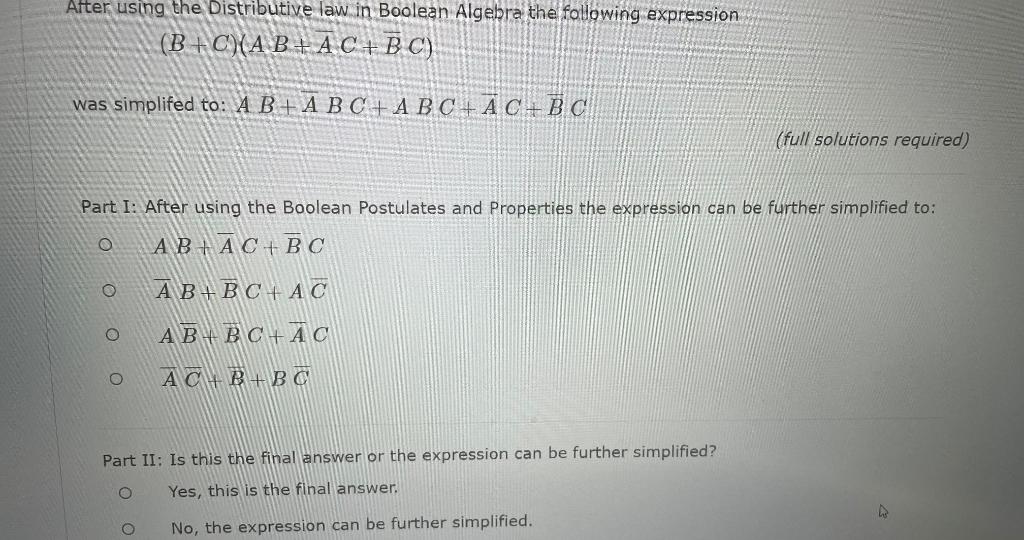 Solved After using the Distributive law in Boolean Algebra | Chegg.com