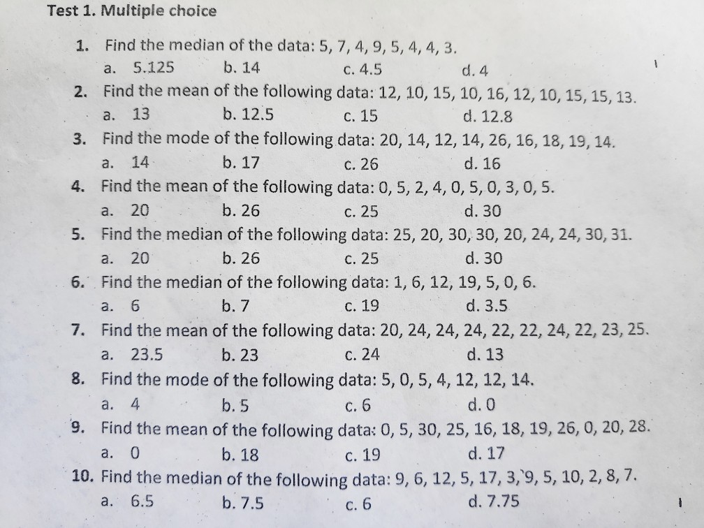 Solved Test 1. Multiple choice Find the median of the data: | Chegg.com