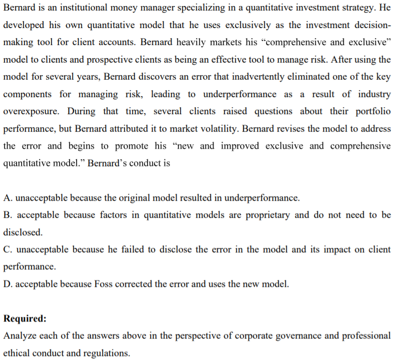 Solved Bernard Is An Institutional Money Manager | Chegg.com