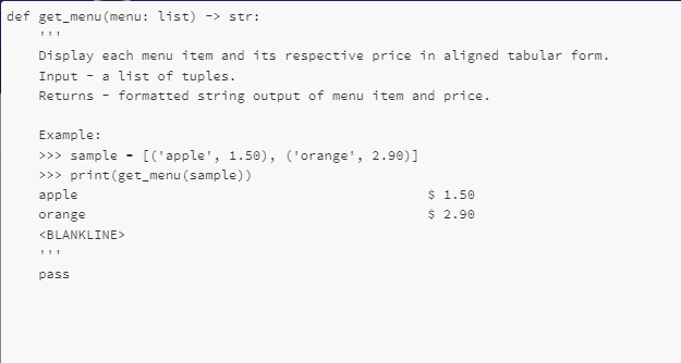 Solved def get_menu (menu: list) -> str: !! Display each | Chegg.com