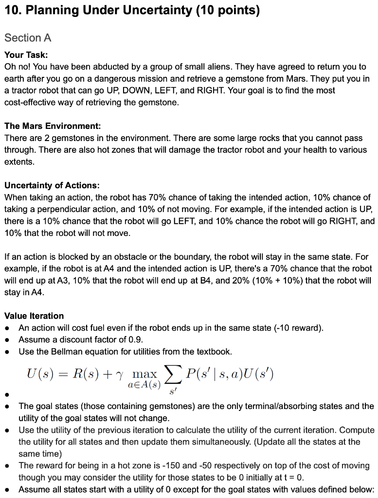 10. Planning Under Uncertainty (10 points) Section A | Chegg.com
