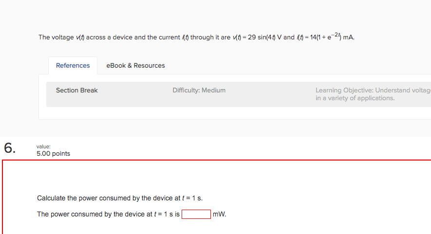 Solved The voltage (1) across a device and the current it | Chegg.com