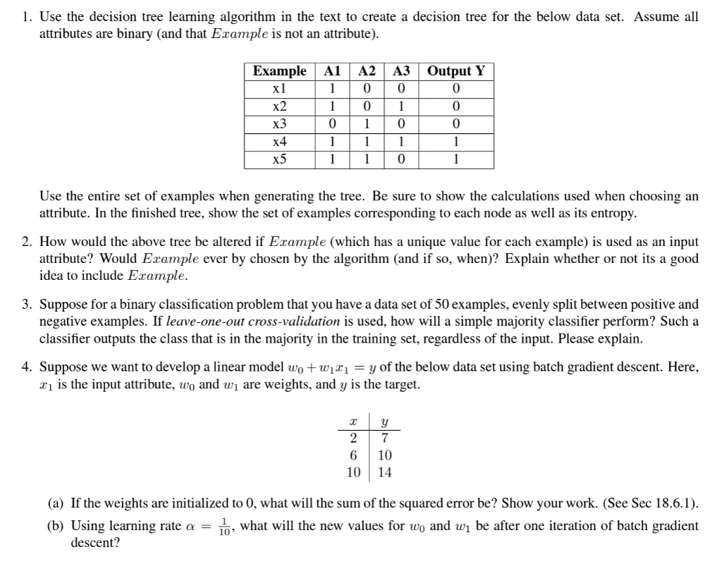 Solved 1. Use the decision tree learning algorithm in the | Chegg.com