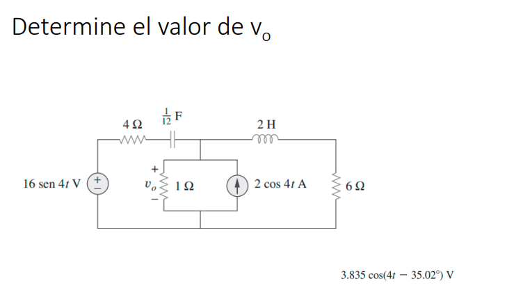 Determine el valor de \( v_{0} \) \( 3.835 \cos \left(4 t-35.02^{\circ}\right) \mathrm{V} \)