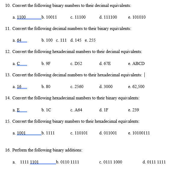 Solved 10. Convert the following binary numbers to their | Chegg.com