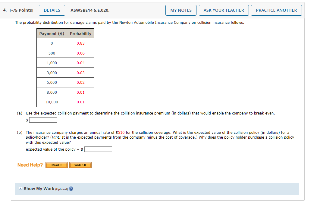 Solved The probability distribution for damage claims paid | Chegg.com