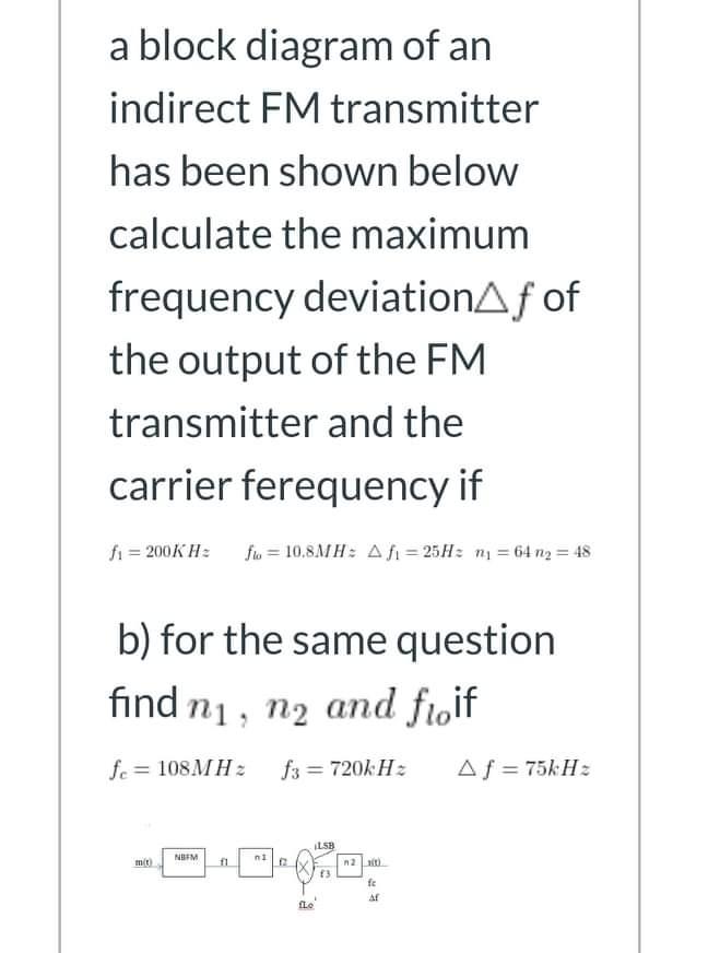 Solved a block diagram of an indirect FM transmitter has