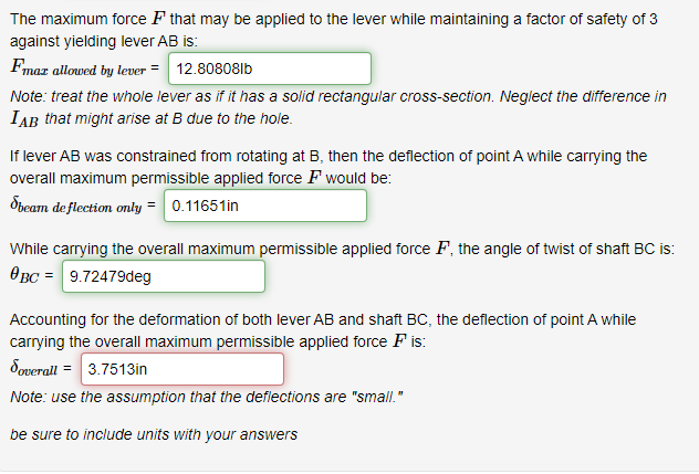 The maximum force \( F \) that may be applied to the lever while maintaining a factor of safety of 3 against yielding lever \