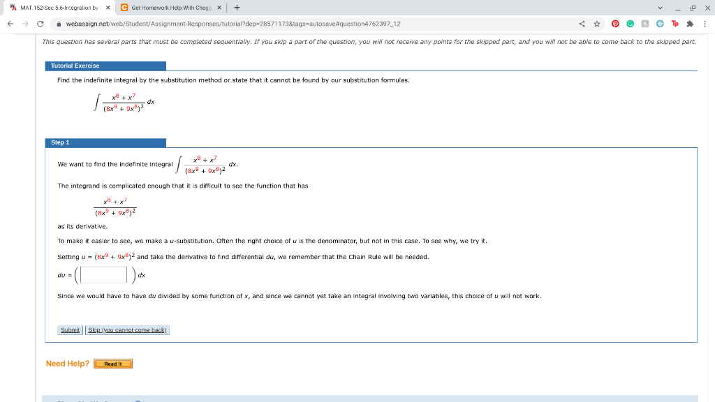 Solved MAT 152-Sec. 5.6-integration By X C Get Homework Help | Chegg.com