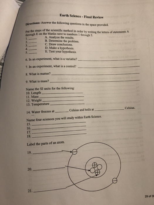 Solved Earth Science- Final Review Pirections: Answer The | Chegg.com