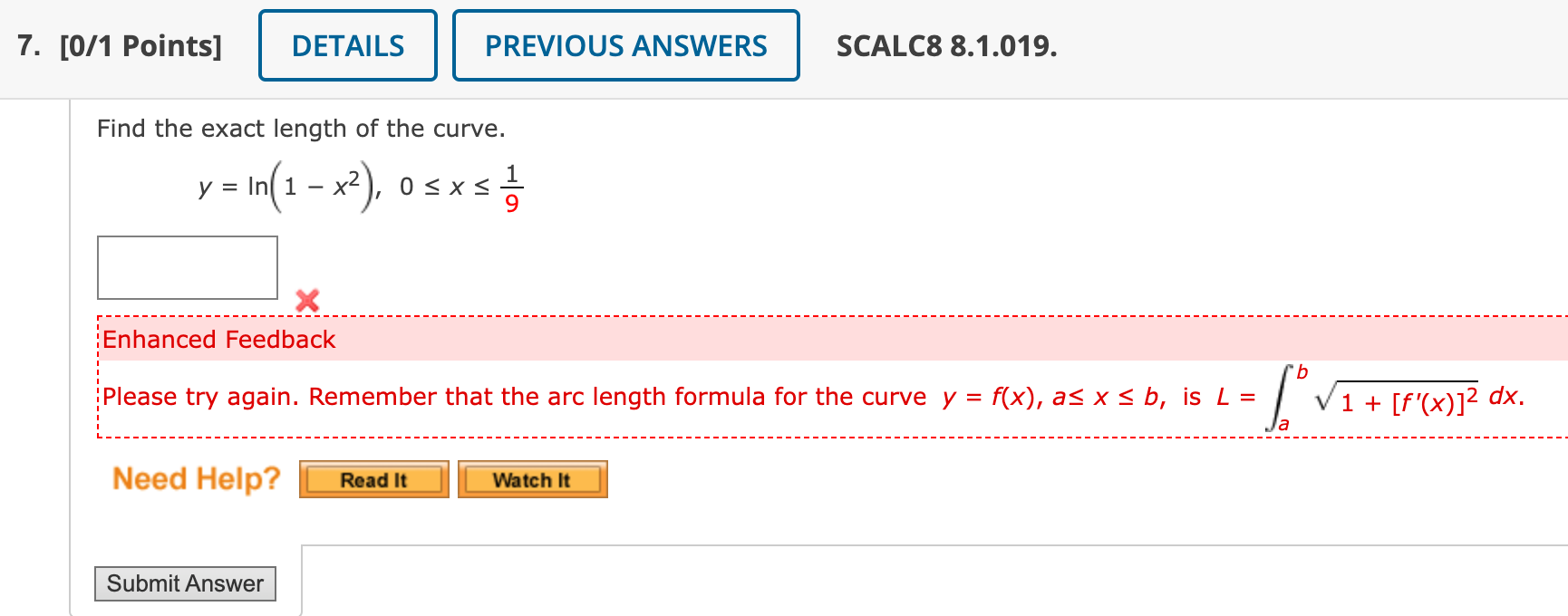 Solved Find The Exact Length Of The Curve Y Ln 1 − X2 0