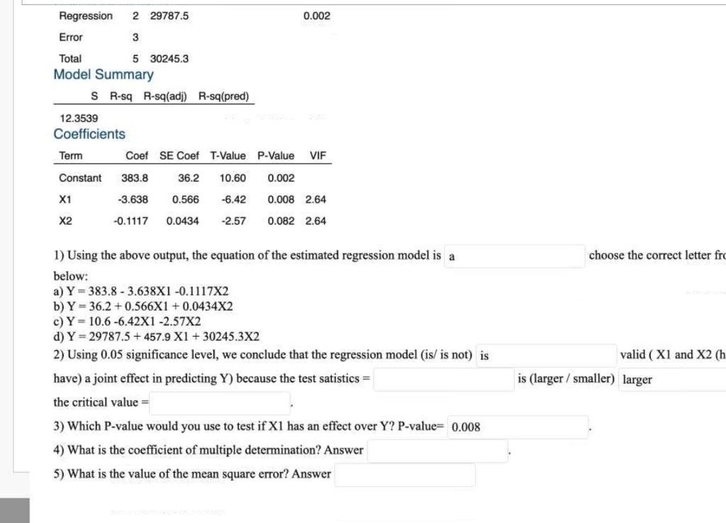 Solved Regression 2 29787.5 0.002 Error 3 Total 5 30245.3 | Chegg.com