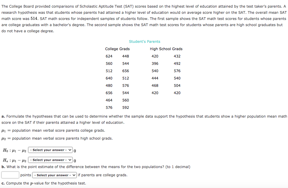 Answered: The College Board provided comparisons…