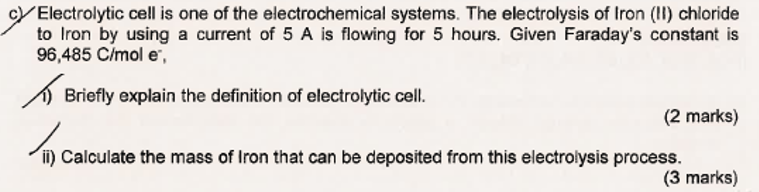 Electrolytic cell is one of the electrochemical systems. The electrolysis of Iron (II) chloride to Iron by using a current of