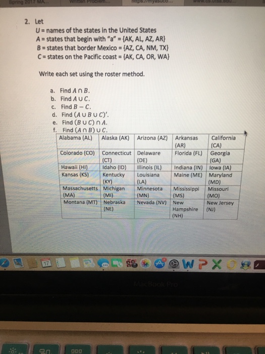 Solved Let U = Names Of The States In The United States A | Chegg.com