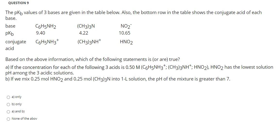 Solved Question 9 The Pkb Values Of 3 Bases Are Given In The 