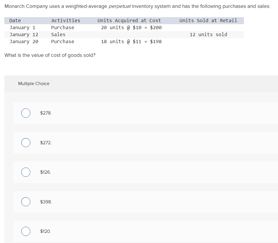 Monarch Company uses a weightedaverage perpetual