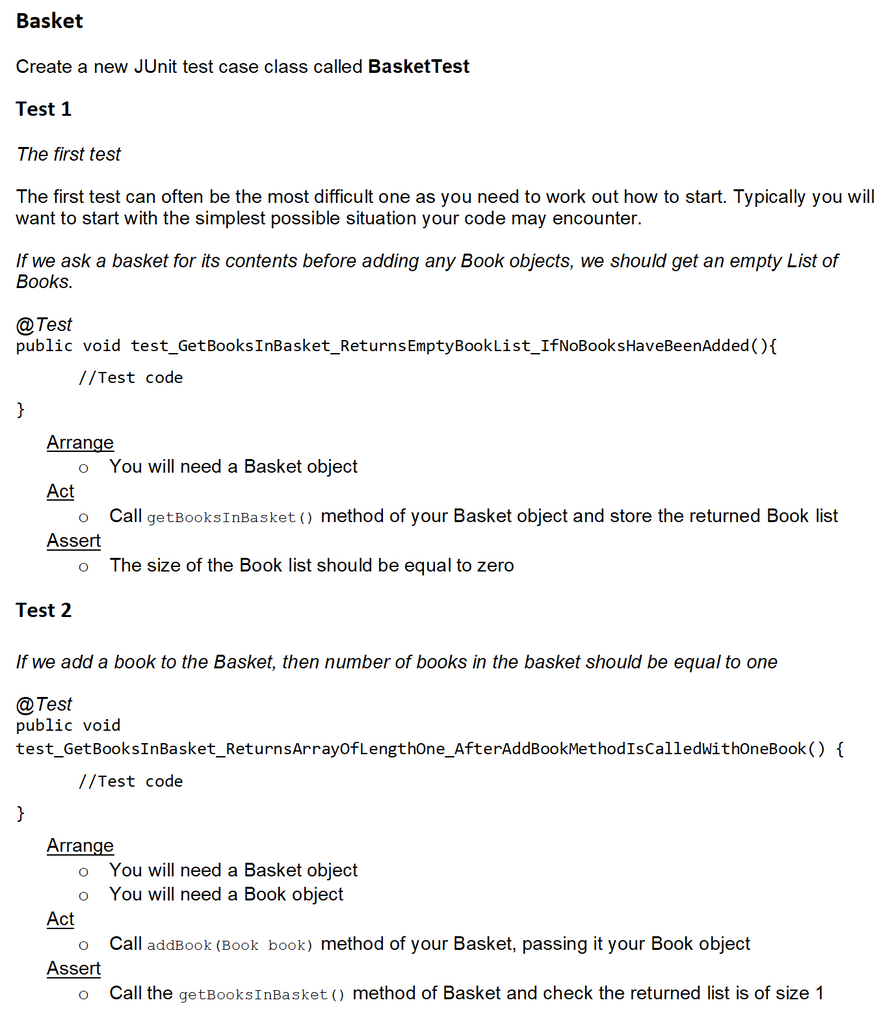 Solved Create a new JUnit test case class called BasketTest | Chegg.com