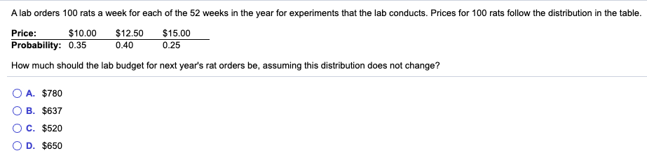 Solved A Lab Orders 100 Rats A Week For Each Of The 52 Weeks | Chegg.com