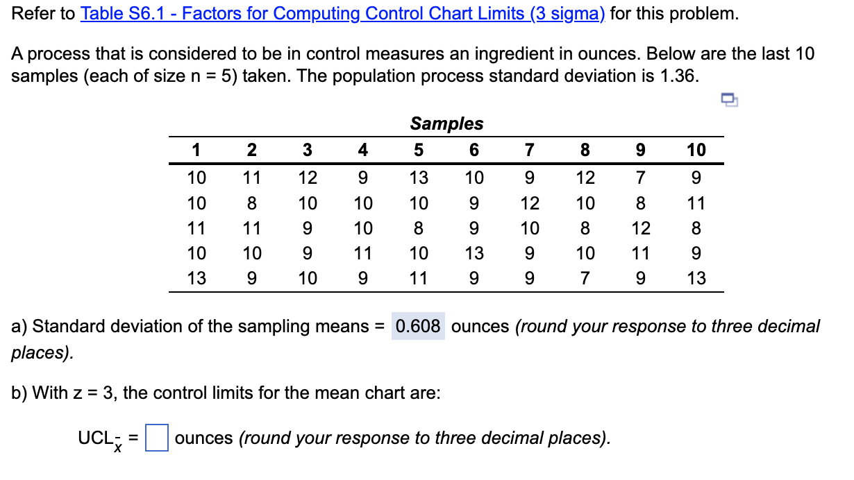 Solved Sample Mean Factor, Size, n A₂ 1.880 1.023 0.729 | Chegg.com
