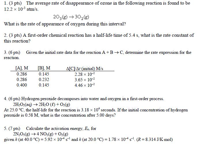 Solved 1. (3 pts) The average rate of disappearance of ozone | Chegg.com