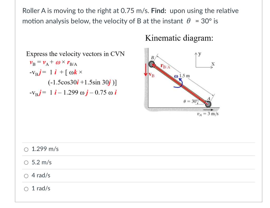 Solved Roller A is moving to the right at 0.75 m/s. Find: | Chegg.com