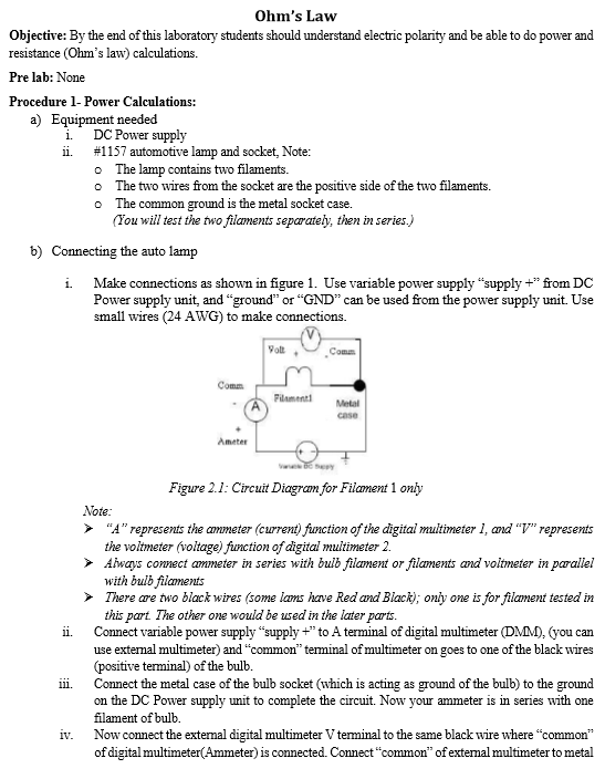 Solved Ohm's Law Objective: By the end of this laboratory | Chegg.com