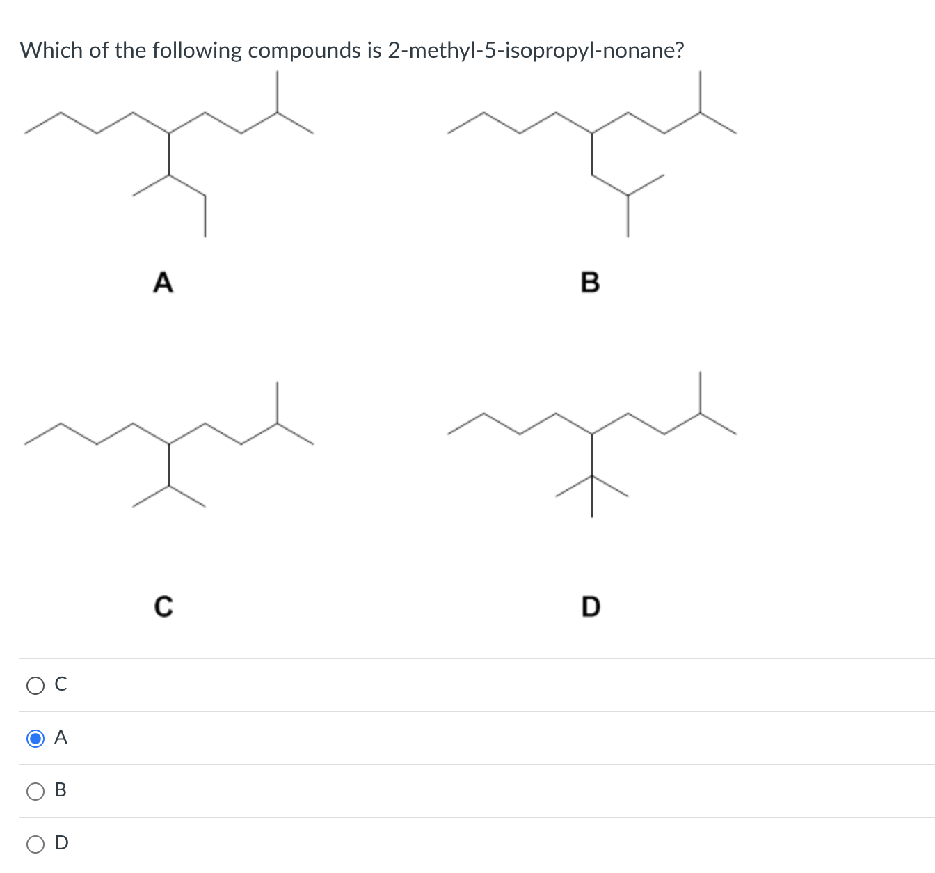 Which of the following compounds is 2-methyl-5-isopropyl-nonane?
a
B