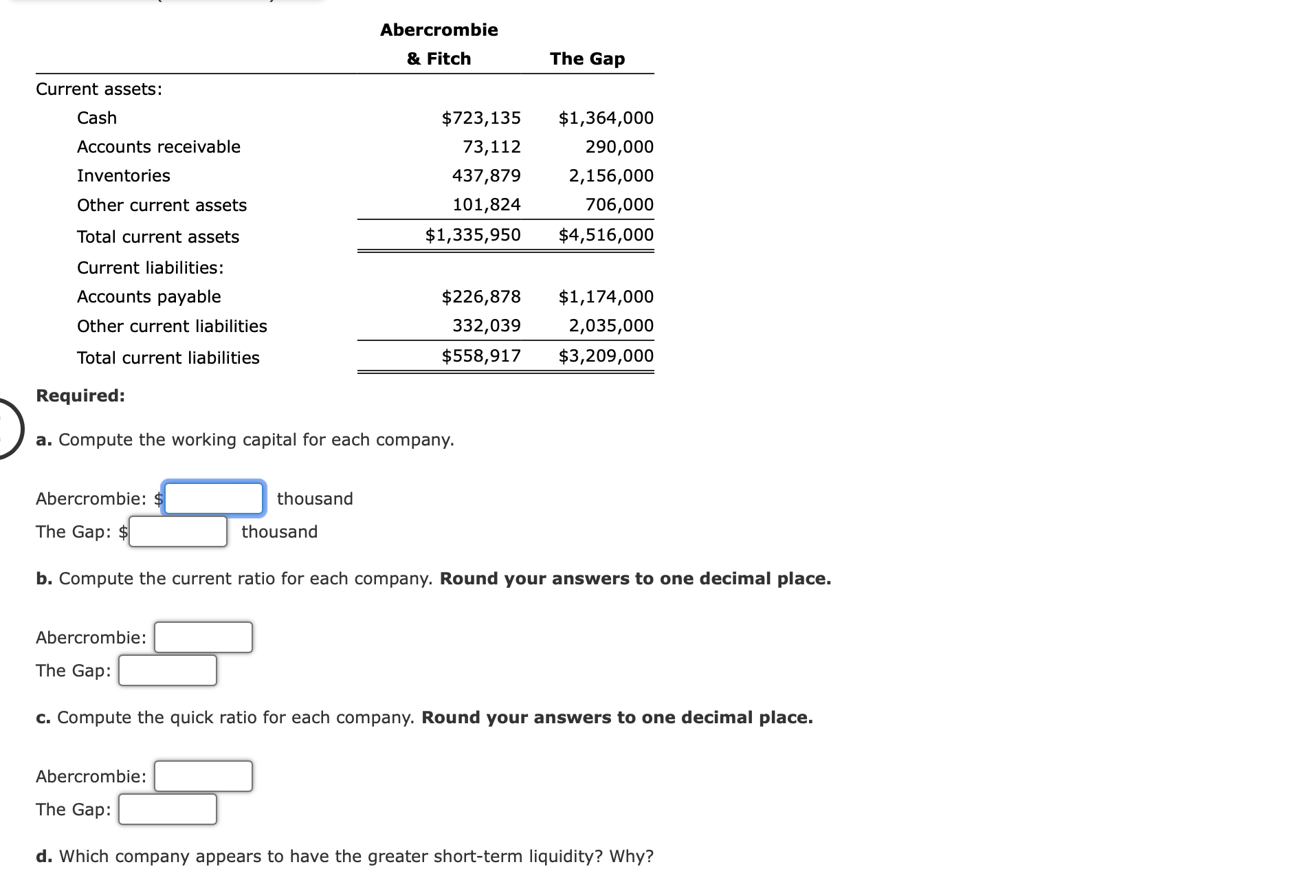 Solved A. Compute The Working Capital For Each Company. | Chegg.com