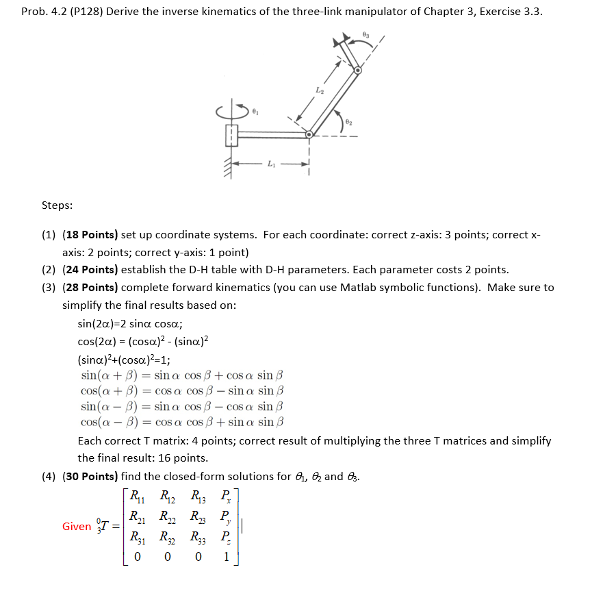 Prob.4.2 (P128) Derive the inverse kinematics of the | Chegg.com
