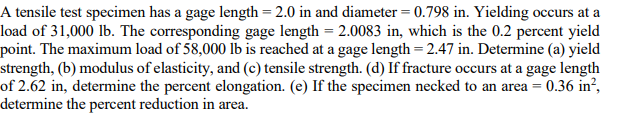 Solved A tensile test specimen has a gage length = 2.0 in | Chegg.com