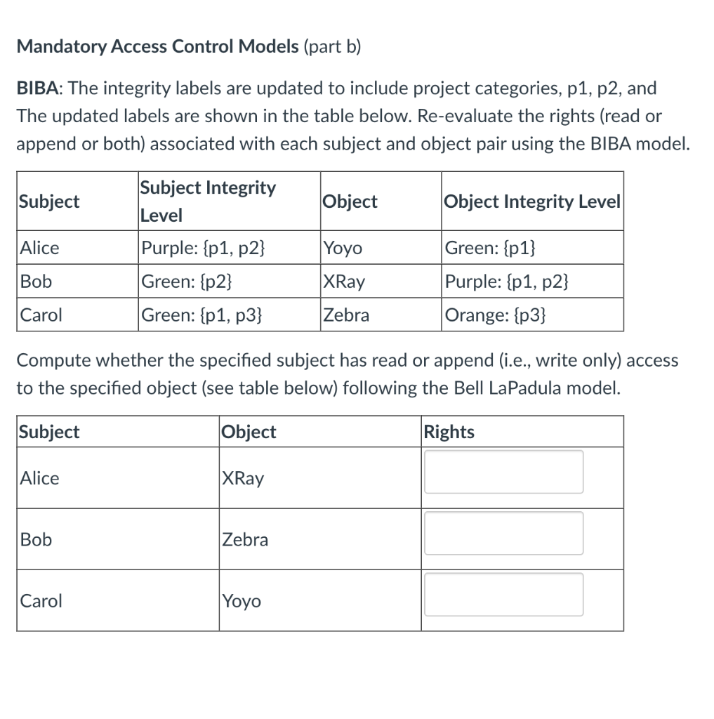 Solved Mandatory Access Control Models (part A) BIBA: The | Chegg.com