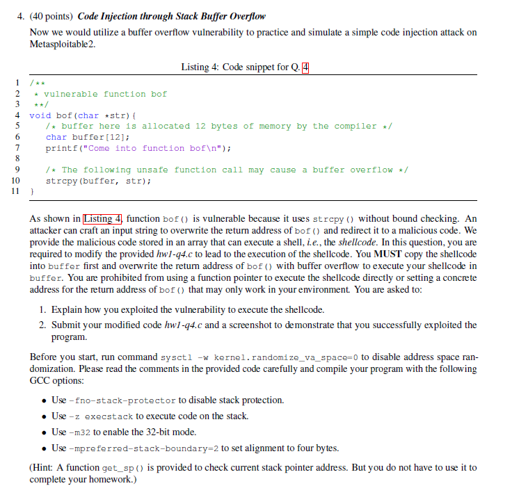 4. (40 points) Code Injection through Stack Buffer | Chegg.com