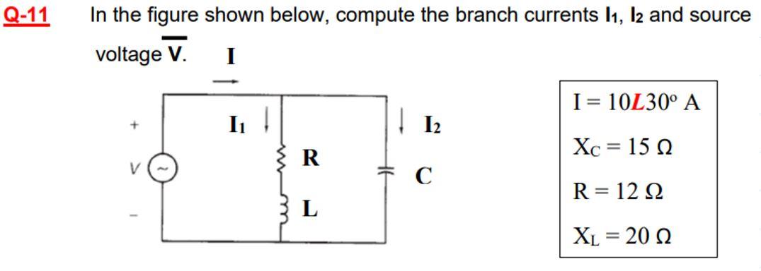 In the figure shown below, compute the branch currents \( I_{1}, I_{2} \) and source viltana \( \bar{V} \).