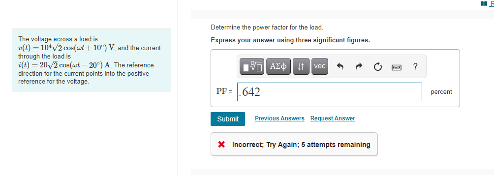 Solved Determine the power factor for the load. Express your | Chegg.com
