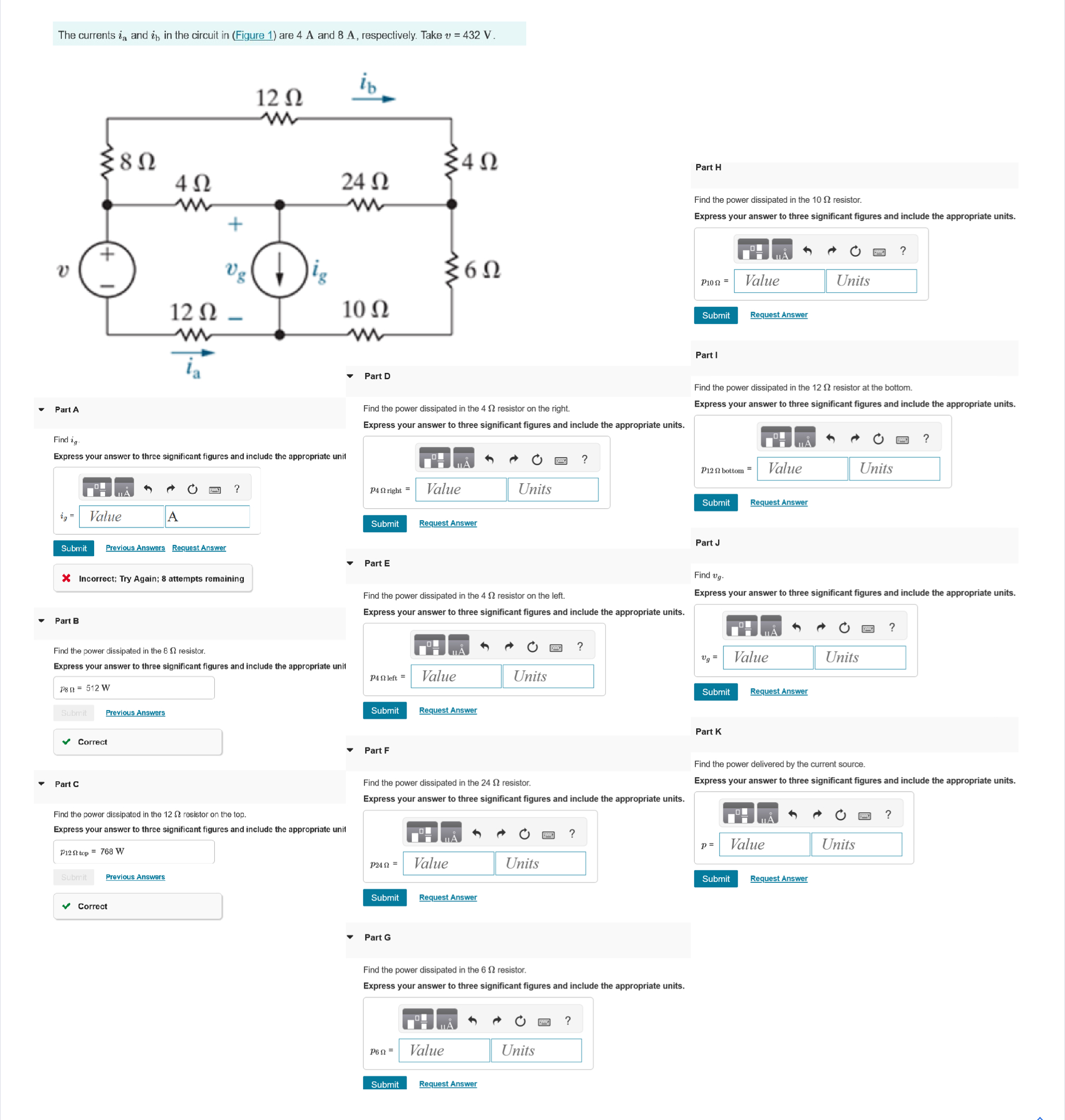 Solved the currents ia and ib in the circuit are 4A and 8A, | Chegg.com