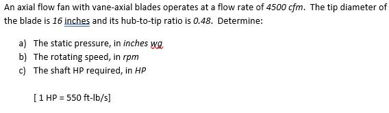 Solved An axial flow fan with vane-axial blades operates at | Chegg.com