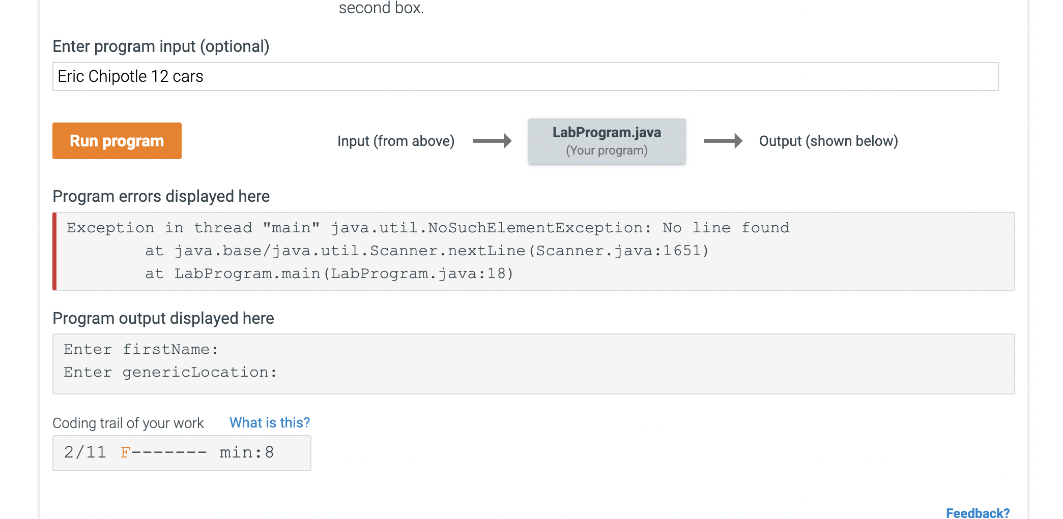 Solved second box. Enter program input (optional) Eric | Chegg.com