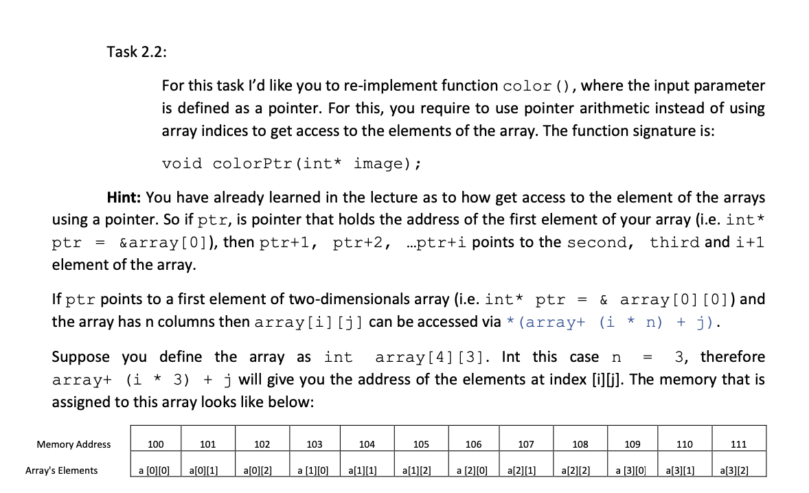 Task 2.2: for this task id like you to re-implement function color (), where the input parameter is defined as a pointer. fo