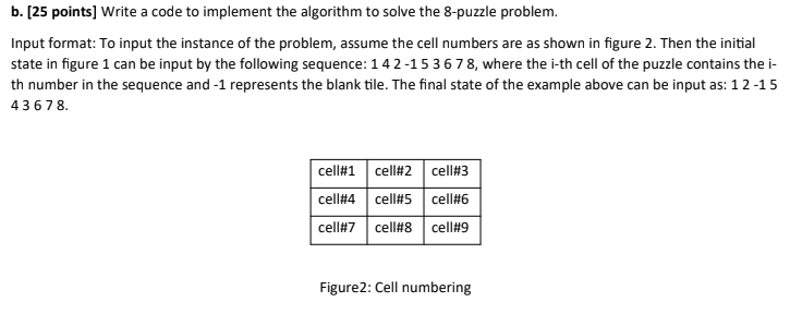 b. [25 points] Write a code to implement the algorithm to solve the 8-puzzle problem.
Input format: To input the instance of 