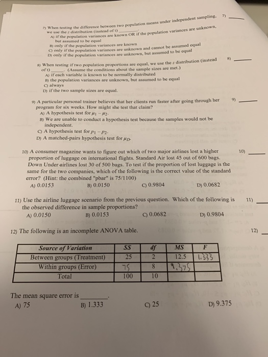 Solved 7 Wh e testing the difference between two population | Chegg.com