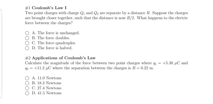 Solved 1 Coulombs Law Two Point Charges With Charge 1 8557