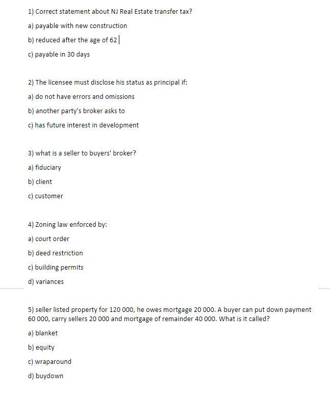 Solved 1) Correct statement about NJ Real Estate transfer